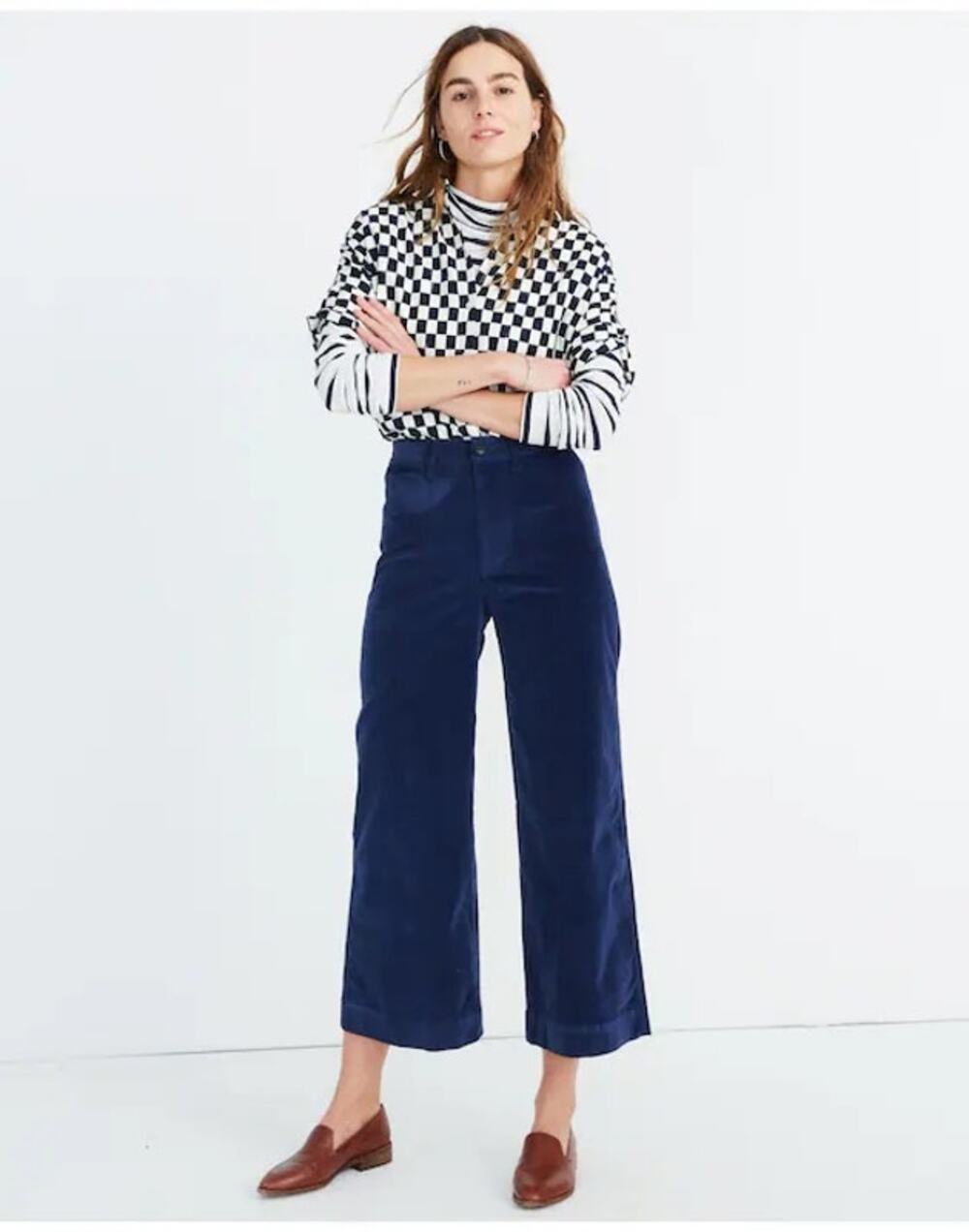 Madewell Wide Leg Cropped Midnight Blue Velvet Pants Size 30 Tall Whimsical